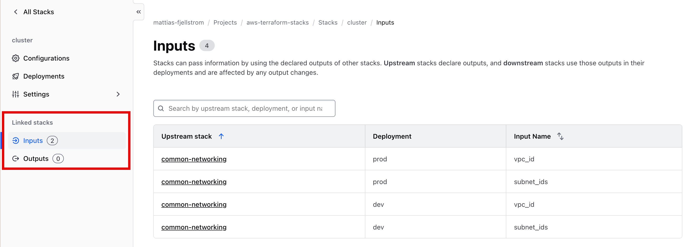 Stack inputs and outputs
