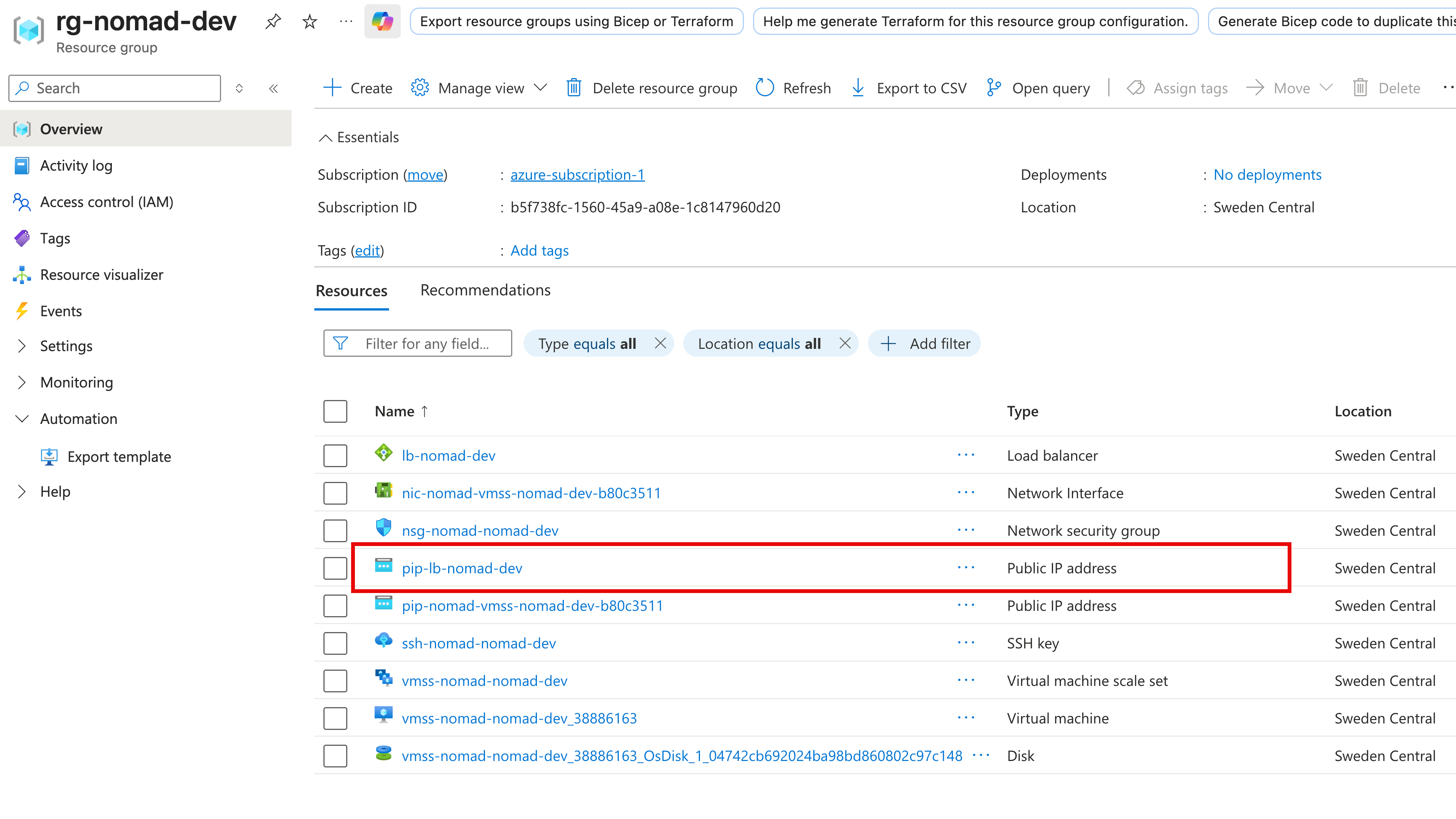 Azure resources in a resource group