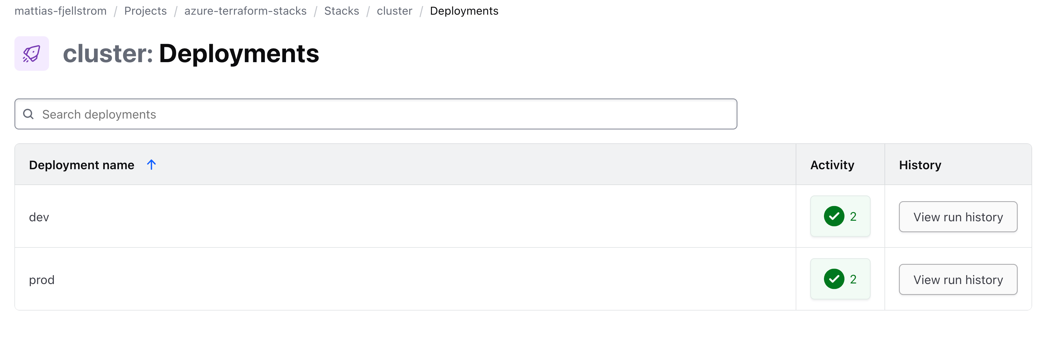 Stack deployments view